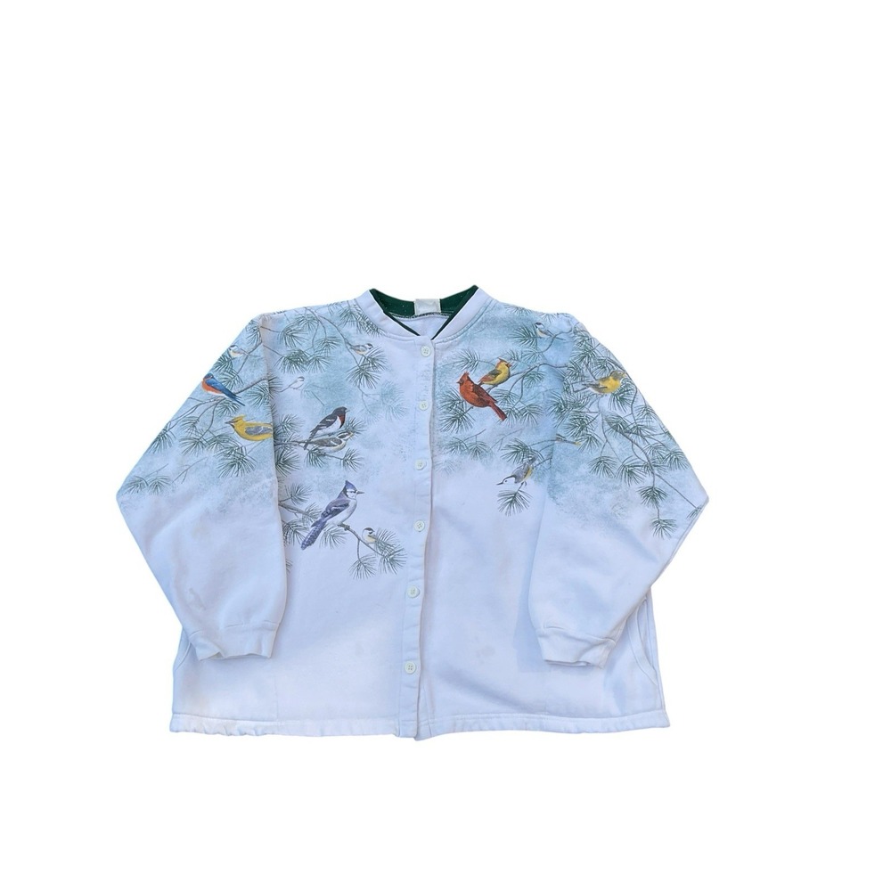 Artisans AOP Winter Bird Scene Snow Womens Size L Button Up Cardigan Pockets